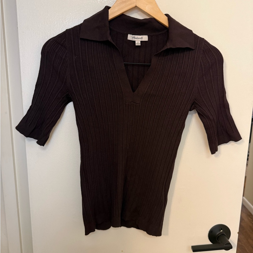 Madewell Dark Brown Ribbed Polo V-Neck Short Sleeve Top